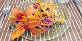  ??  ?? A wild-edibles tour with forager Carolyn Langdon might include a salad like this one, composed of day lilies, brown rice noodles, and a vinaigrett­e made of sumac and pennycress.