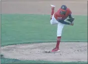  ?? STAFF PHOTO BY TED BLACK ?? Southern Maryland Blue Crabs starting pitcher Daryl Thompson, delivers to the plate in the top of the first inning of Wednesday’s home opener against the Staten Island FerryHawks.