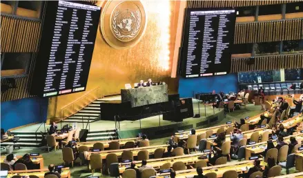  ?? BEBETO MATTHEWS/AP 2022 ?? Nations’ votes on a resolution condemning Russia’s annexation­s in Ukraine are displayed last fall in the U.N. General Assembly.
