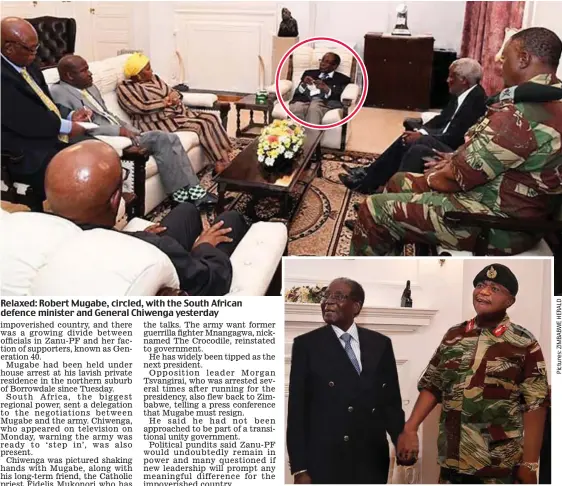  ??  ?? Relaxed: Robert Mugabe, circled, with the South African defence minister and General Chiwenga yesterday Meeting: Robert Mugabe and General Chiwenga yesterday