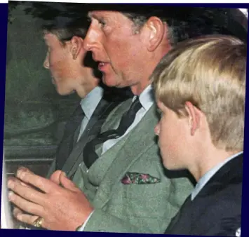  ??  ?? Anguish: Charles and his sons go to church in Scotland the day after Diana’s death