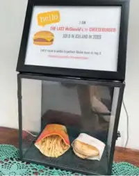  ??  ?? A burger with a side of fries protected in a glass case, belonging to Iceland’s Hjortur Smarason, is on display in the Snotra House, a hostel in Thykkvibae­r,
southern Iceland. — AFP