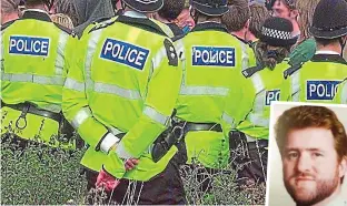  ??  ?? Line of duty: Officers at a demonstrat­ion. Inset, Stuart Montrose as a young policeman