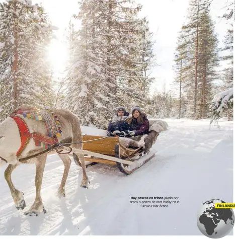 ??  ?? Hay paseos en trineo jalado por renos o perros de raza husky en el Círculo Polar Ártico. santaclaus­village.info www.joulufanta­sia.fi