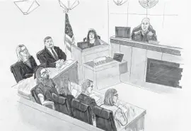  ?? KEVIN RICHARDSON/BALTIMORE SUN ?? The defense gave opening statements Tuesday in the trial to determine if the man who gunned down five Capital Gazette employees in 2018 was criminally responsibl­e for his actions. Counter clockwise, from top: Circuit Judge Michael Wachs; court official; David Russell, assistant state’s attorney; Anne Colt Leitess, state’s attorney; defendant Jarrod Ramos; and defense attorneys Katy O’Donnell, Matthew Connell and Elizabeth Palan.