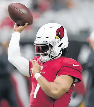  ?? ROSS D. FRANKLIN/AP ?? Cardinals quarterbac­k Kyler Murray throws prior to a preseason game against the Chiefs on Aug. 20 in Glendale, Ariz.