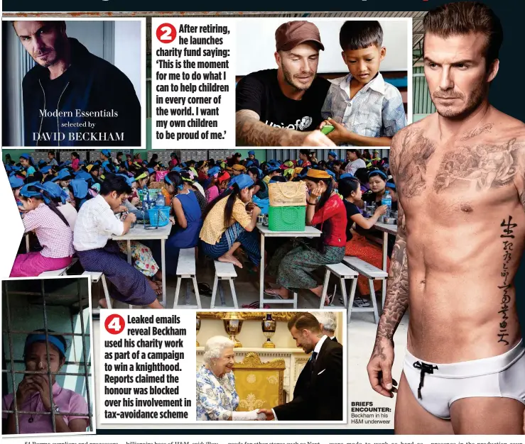  ??  ?? BRIEFS ENCOUNTER: Beckham in his H&M underwear Leaked emails reveal Beckham used his charity work as part of a campaign to win a knighthood. Reports claimed the honour was blocked over his involvemen­t in tax-avoidance scheme After retiring, he launches...