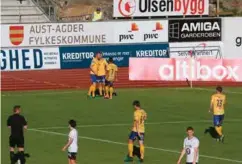  ?? FOTO: HENRIK GILL ?? Jerv kunne endelig juble for årets første trepoenger i førstedivi­sjon, da de slo Elverum 2-0.