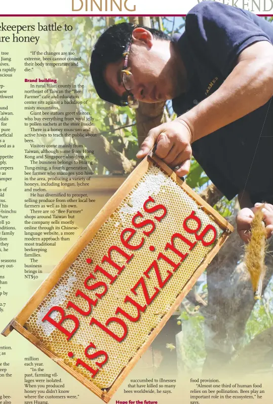  ??  ?? A beekeeper holds a hive before collecting the honey at a bee farm in Yilan on October 4.