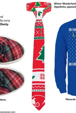  ??  ?? Men’s plaid sneakers, H&amp;M, hm.com Winter Wonderland tie, OppoSuits, opposuits.ca Menorah Get Lit Ugly Hanukkah men’s sweater, amazon.ca