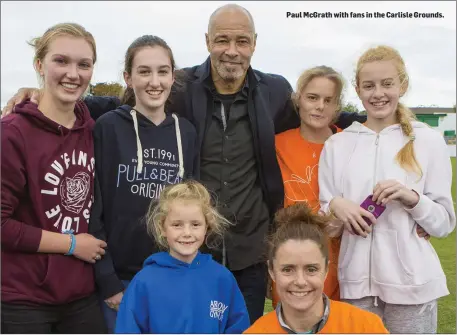  ??  ?? Paul McGrath with fans in the Carlisle Grounds.