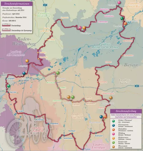  ??  ?? Auf unserer Grafik ist der komplette Radweg „Donautäler“mit allen seinen Streckenab­schnitten, Episoden, Landkreise­n und Orten zu sehen. NÖRDLINGEN DONAUWÖRTH/HÖCHSTÄDT