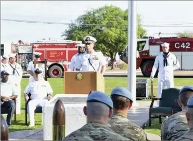  ?? JULIO MORALES PHOTO ?? Naval Air Facility El Centro Commanding Officer Capt. Brent Alonzo speaks to those gathered Monday at the base for a ceremony marking the 16th anniversar­y of the Sept. 11 attacks.