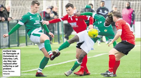  ?? Picture: Paul Amos FM7661383 ?? Ashford take on Ramsgate at Homelands on Saturday. Left, Jay May was replaced after suffering a calf problem