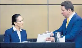  ?? MEGHAN MCCARTHY/COURTESY ?? Attorney Jeremy Kroll questions his client Dana Santino in front of a hearing panel for the Florida Judicial Qualificat­ions Commission on Wednesday.