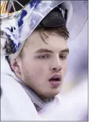  ?? Larry Macdougal ?? The Associated Press Dylan Ferguson, 19, of Lantzville, British Columbia, is soaking in the experience of being the team’s emergency goaltender for the NHL playoffs.