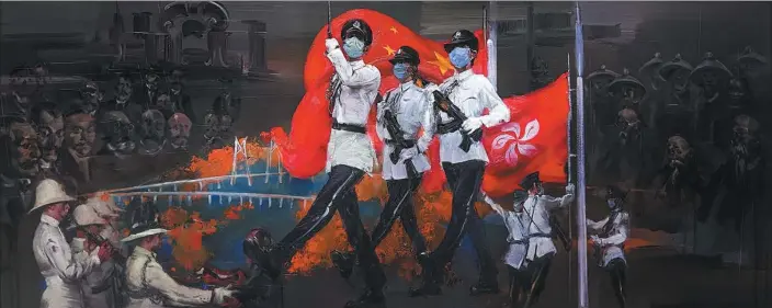  ?? A painting by Wang Xuexian, Yan Yaya and Wang Xueru is on display. PHOTOS PROVIDED TO CHINA DAILY ?? Brilliant Hong Kong in Synchronou­s Steps with the Motherland,