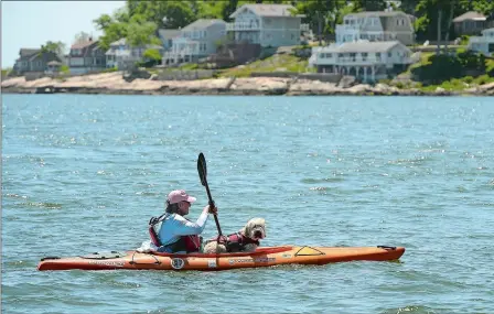  ?? DANA JENSEN/THE DAY ?? A kayaker and dog paddle off shore between Rocky Neck State Park and South Lyme, in background, on Tuesday.