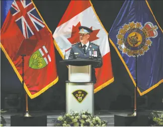  ?? SEAN KILPATRICK/THE CANADIAN PRESS ?? During a speech at the funeral of OPP Sgt. Eric Mueller on Thursday, OPP Commission­er Thomas Carrique took aim at what he termed the unjust vilificati­on of police by some.