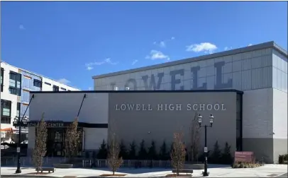  ?? MELANIE GILBERT — LOWELL SUN ?? The almost $400million rebuild and renovation of the Lowell High School as seen on March 19, 2024, with a view of the Riddick Athletic Center. The five-story Freshman Academy can be seen at the far left. The project is 50% complete and the campus is on track to be to be finished in July 2026.