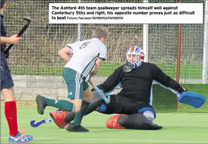  ?? Pictures: Paul Amos FM29881956/FM29881958 ?? The Ashford 4th team goalkeeper spreads himself well against Canterbury 5ths and right, his opposite number proves just as difficult to beat