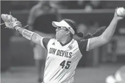  ?? PHOTOS BY JOHANNA HUCKEBA/THE REPUBLIC ?? Arizona State’s Giselle Juarez recorded 10 strikeouts in the first six innings, including six straight strikeouts from the first to second inning, on Friday vs. New Mexico State at Farrington Stadium.