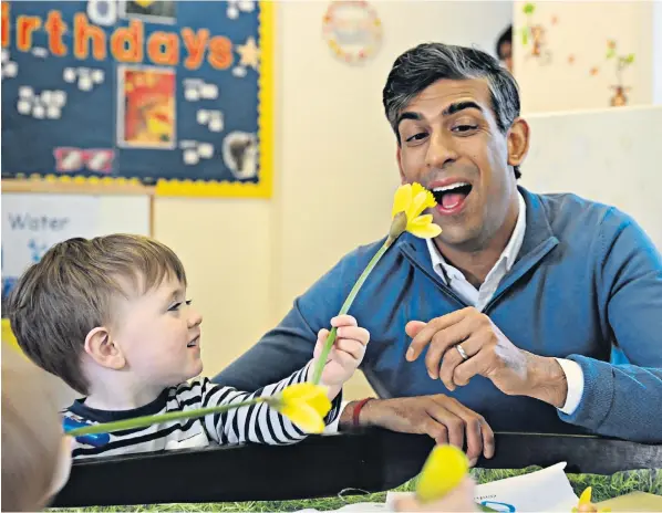  ?? ?? Rishi Sunak visits Aldersyde Day Nursery in Hartlepool, following comments on Monday that the Government was delivering on its childcare plan as parents started to benefit from taxpayer-funded care for two year-olds