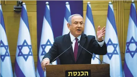  ?? YONATAN SINDEL AP ?? Israeli Prime Minister Benjamin Netanyahu delivers a statement to his Likud Party in Jerusalem on Wednesday.