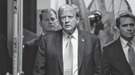  ?? DAVID DEE DELGADO UPI ?? Former President Donald Trump arrives Tuesday at criminal court in Manhattan, facing charges of falsifying business records to avoid a sex scandal during the 2016 campaign.