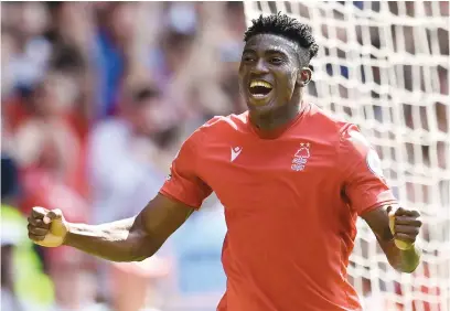  ?? Picture: AFP ?? JOY. Nottingham Forest’s Taiwo Awoniyi celebrates after scoring and securing their first points since being promoted to the English Premier League when they beat West Ham 1-0 at City Ground yesterday.