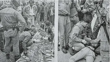  ?? Fotos: Wolfgang Diekamp ?? So war es 1993 beim Parteitag der Republikan­er in Augsburg: Polizisten kontrollie­ren Banner der Gegendemon­stranten und neh men einen Demonstran­ten fest, weil er sich vermummt hat.