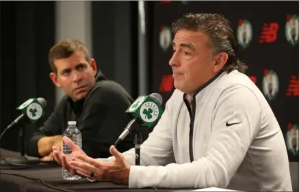  ?? STUART CAHILL / BOSTON HERALD ?? Celtics owner Wyc Grosbeak and president of basketball operations Brad Stevens speak to the media on the suspension of head coach Ime Udoka on Friday.