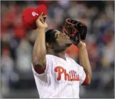  ?? TOM MIHALEK — THE ASSOICATED PRESS ?? The Phillies’ Hector Neris celebrates the last out in a 7-4 win over the Marlins April 26. Neris is trying to bounce back from a nightmaris­h road trip, which included an implosion to forget at Dodger Stadium.