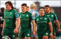  ?? ?? Oran McNulty is forced into touch by Glasgow players at the Sportsgrou­nd (main) and (left) Connacht trio Sean Masterson, Cathal Forde and Denis Buckley trudge off after the defeat