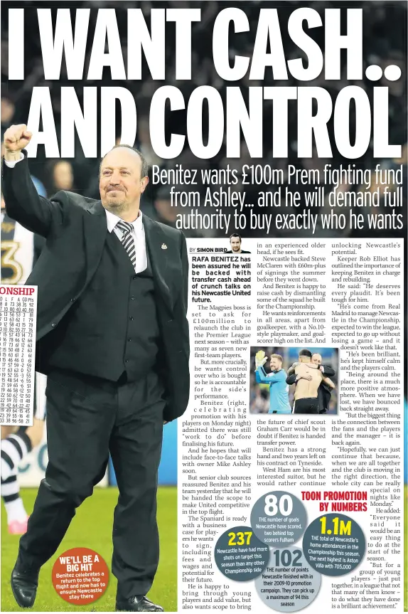  ??  ?? WE’LL BE A BIG HIT Benitez celebrates a return to the top flight and now has to ensure Newcastle stay there