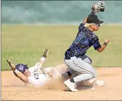  ?? ?? Ridgeview’s Jordan Brito tumbles into second base while BCHS infielder Dealkin Brinkley lifts his glove hoping for a tag out in Tuesday’s game at Ridgeview.