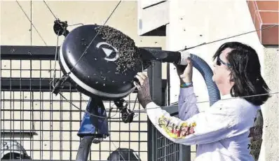  ?? Frederic J. Brown / AFP ?? Un apicultor aparta a las abejas de la cámara con un aspirador, ayer en la pista central de Indian Wells.