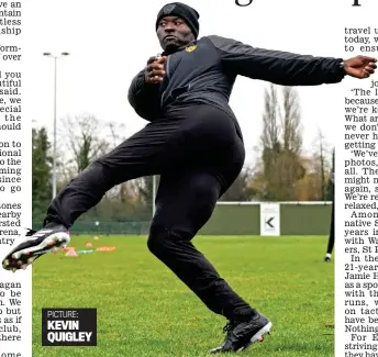  ?? ?? PICTURE: KEVIN QUIGLEY
Volley good: Elokobi leads by example in Maidstone training