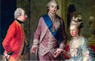  ??  ?? L'archiduc Maximilien­François d'Autriche rend visite à MarieAntoi­nette et Louis XVI (1775), de Josef Hauzinger (1728-1786). Ce rendezvous entre le frère de la reine de France et le couple royal se tient au château de la Muette, à Paris, en 1775.