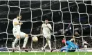  ?? Courtois. Photograph: Javier Soriano/AFP/ ?? The ball ricochets off Éder Militão (centre) and into the net after Franck Kessié’s shot had been saved by Thibaut
