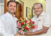  ?? — PTI ?? JD(S) leader and Karnataka Chief Minister-designate H.D. Kumaraswam­y with Congress president Rahul Gandhi during a meeting in New Delhi, on Monday.