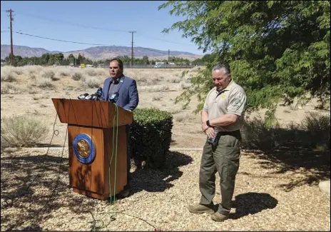  ?? JULIE DRAKE/VALLEY PRESS ?? Congressma­n Mike Garcia speaks during a press conference Tuesday alongside Los Angeles County Sheriff Alex Villanueva (right) at the Los Angeles County Farm Bureau about the hundreds of illegal marijuana cultivatio­n sites cropping up around the Antelope Valley.