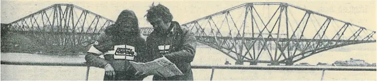  ?? ?? Meeting a friendly heathen on the Forth road bridge! In order to get the gigantic rail structure of 1890 into the photos, this shot from an earlier Land’s End-John O’Groats ride by esteemed Motor Cycle staffman Martin Christie and the writer was used.