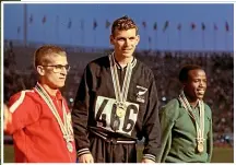  ?? GETTY IMAGES ?? Wilson Kiprugut leads the field in a heat for the 800m event at the Mexico City Olympics in 1968, left. In the final, below, he was pipped by Australia’s Ralph Doubell. Above, on the podium at the Tokyo Olympics in 1964 after finishing third behind New Zealand’s Peter Snell, centre, and Canada’s Bill Crothers.