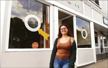  ?? Ned Gerard / Hearst Connecticu­t Media ?? Owner Stephanie Champagne in front of Kickstart Café, that will open soon in Shelton.