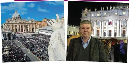  ??  ?? Historic: Pope Francis says Mass at his inaugurati­on and, right, Philip Nolan at St Peter’s Basilica