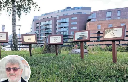  ??  ?? The plaques in Castle Park and, left, vice-chairman of Normandy Veterans Paul Turner, 72, who says he is willing to meet with the man who vandalised the memorial