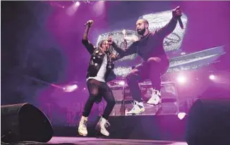  ?? Rick Loomis Los Angeles Times ?? FUTURE, left, and Drake joined forces last year for the chart-topping “What a Time to Be Alive.” Now, the pair are hitting the road for a co-headlining tour that’ll bring them to L.A. in September.