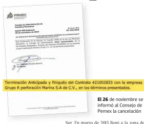  ??  ?? El 26 de noviembre se informó al Consejo de Pemex la cancelació­n