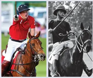  ??  ?? THE POLO PRINCES: Harry at full gallop during a match in Wiltshire in 2011, and Edward in 1923 taking part in a match between Oxford, his alma mater, and Cambridge. Edward excelled in several sports but his riding days were brought to an end in 1924 after he fell from his horse during a point-to-point race and was concussed.